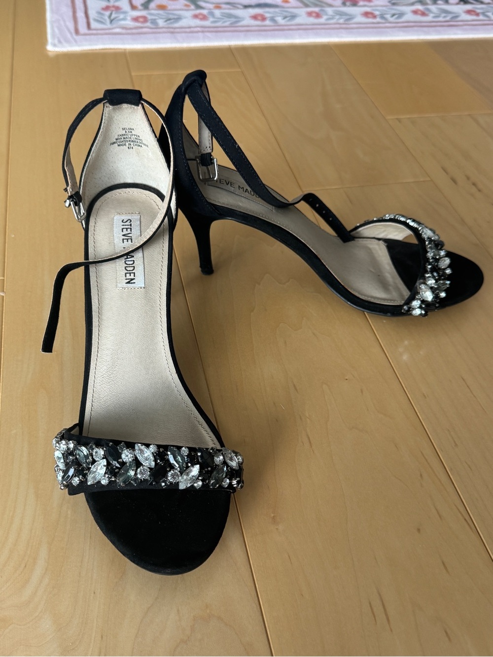 Steve Madden Black Jeweled Ankle-Strap Sandals with Crystal Accent